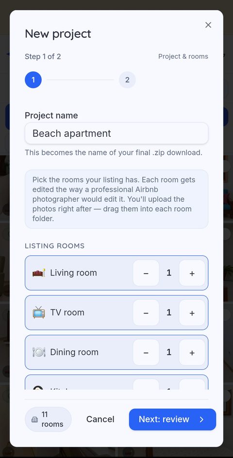 The Glisting app on a phone, at the New project step